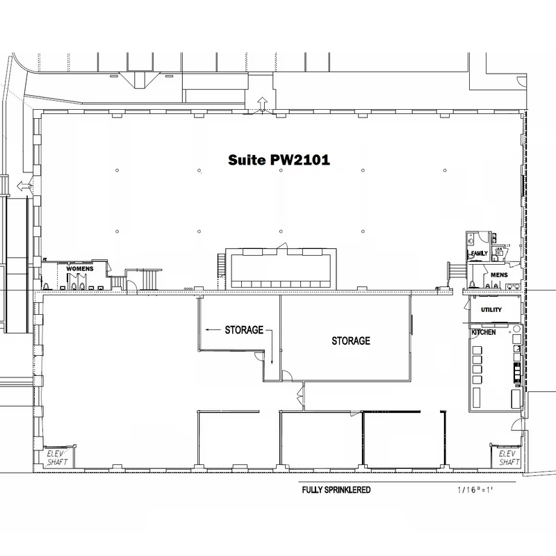 Black-and-white floor plan labeled Suite PW2101, showing a large open hall above storage rooms, restrooms, a kitchen and a utility room.